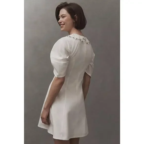 Anthropologie BHLDN Pearl Crystal Collar Puff Sleeve Ivory Mini Dress M